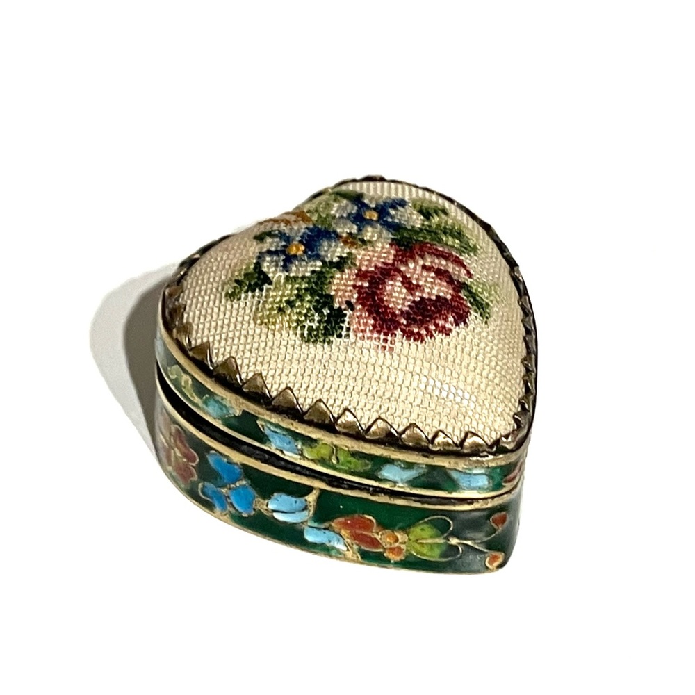 Vintage Brass Enamel Heart Floral Cross Stitch Trinket Box